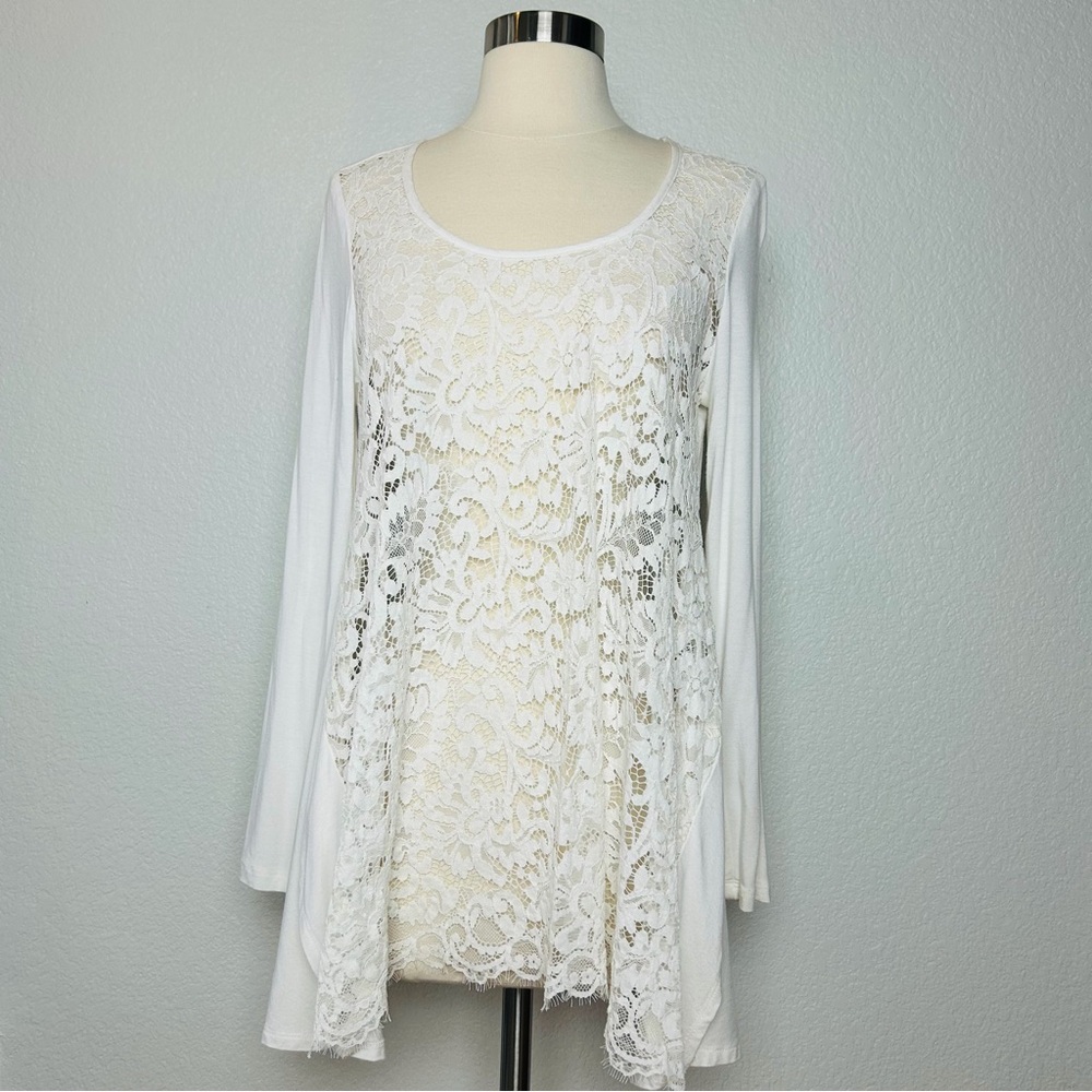 KAREN KANE Lace Front Tunic Top Women's S White Floral Sheer Long Sleeve Blouse